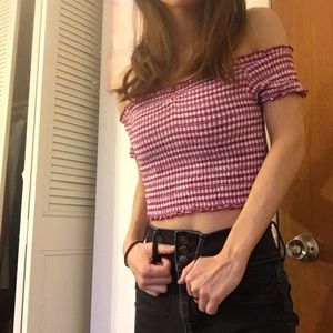 Red Gingham Off-The-Shoulder Crop Top